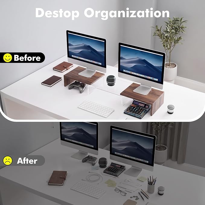 High-Clarity Dual Monitor Riser, Acrylic Monitor Riser, Adjustable Angle & Length Computer Monitor Stand, Wide Desk Shelf for Top of Desk for Home Office_Walnut Look Small