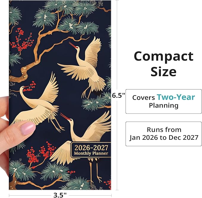 Pocket Calendar 2026-2027 for Purse, Two Year Monthly Planner Pocket Size, Jan 2026 to Dec 2027 Monthly Planner Small Size (6.5" x 3.5") - Crane