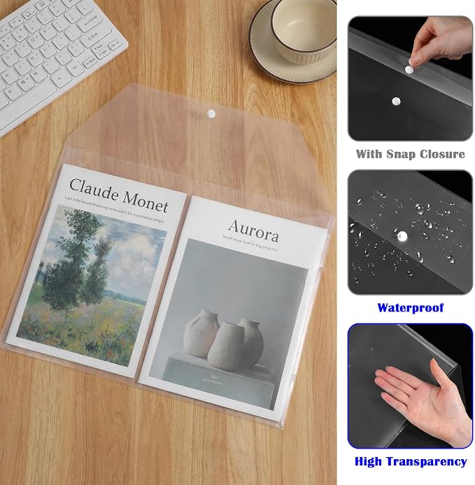 20 Pcs 11 x 17 inch A3 Document Folder Organizers Clear Large Plastic Envelopes Document File Storage Holder with Snap for Office Home