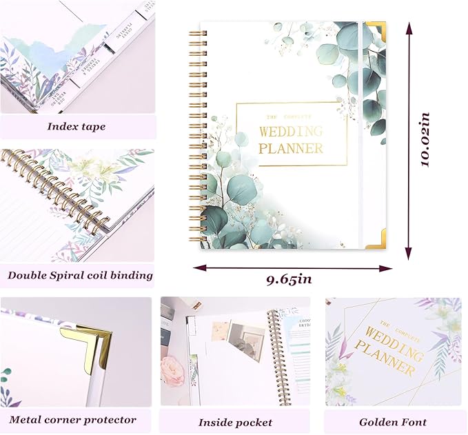 Spiral Wedding Planner Niotebook with Countdown Calendar, Beautiful Boho Wedding Planner Book and Organizer with Guiding Tab, Bridal Planning Binder (Green Leaves)