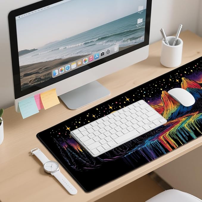 Cosmic Valley Gaming Mouse Pad Large Desk Mat Rainbow River Neon Mountain Night Mousepads Computer Keyboard Pad Mouse Mat Laptop Mat 31.5 x 11.8 Mouse Pads for Desk Home Office Gaming