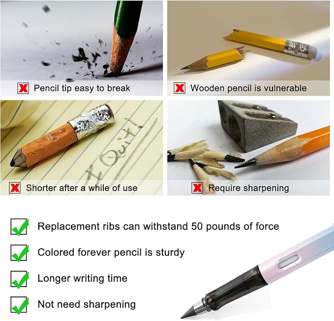 12Pcs Everlasting Pencils with 12 Replacement Tips, Reusable Infinity Pencil with Eraser, Inkless Pencil Eternal pencil for Writing, Forever Pencil for Student Sketching Office Supplies