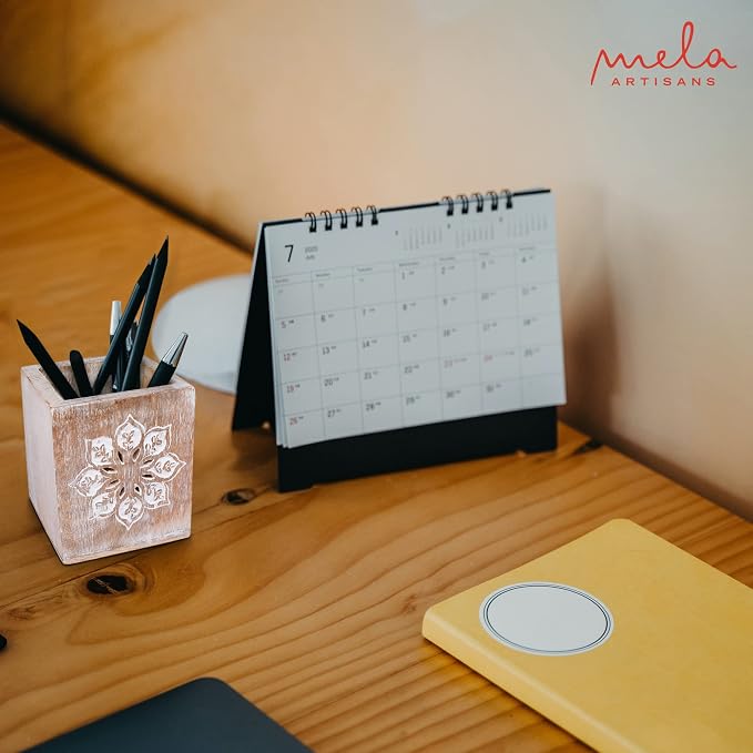 Mela Artisans Serena 4" x 3.5" Whitewash Wooden Pen Holder – Mango Wood Pencil Cup for Home Desk Organization & Rustic Office Decor