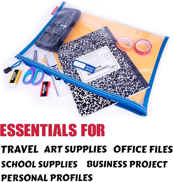 Rough Enough Plastic File Folder Clear Zipper Pouch Bags Document Holder Bag for Organizing A4 Paper Letter Office Teacher Art Supplies Storage
