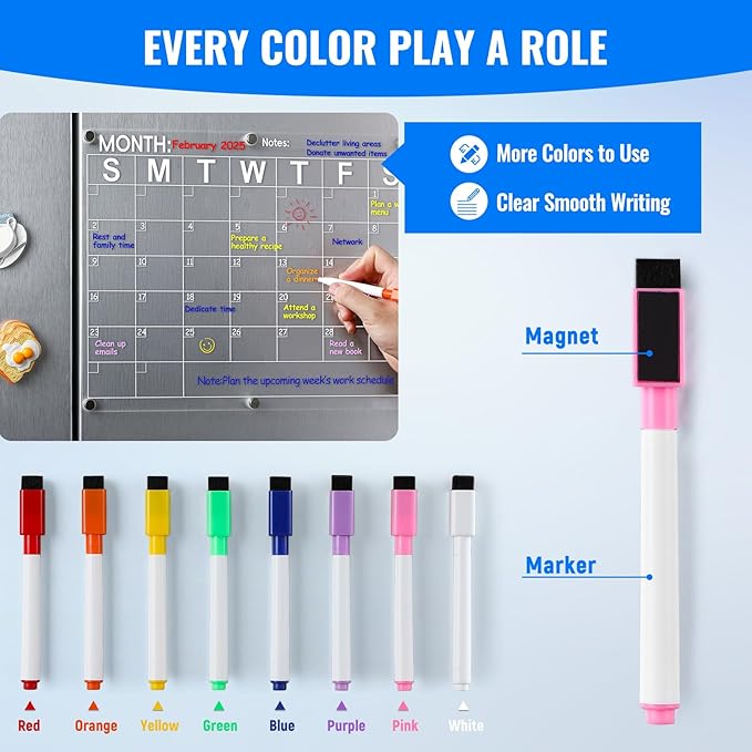 Large Acrylic Magnetic Calendar for Refrigerator, Clear Fridge Calendar with 8 Color Markers, Monthly Planning Board for Business Meetings/Anniversary/Shopping List, Dry Erase - 14.5 * 11.5''