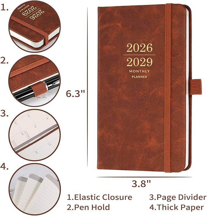 2026-2029 Monthly Pocket Planner - JUL 2026 - JUN 2029, 3 Year Calendar, Faux Leather Cover, 3.8" × 6.3", Pen Holder, 2 Bookmarks, Back Pocket