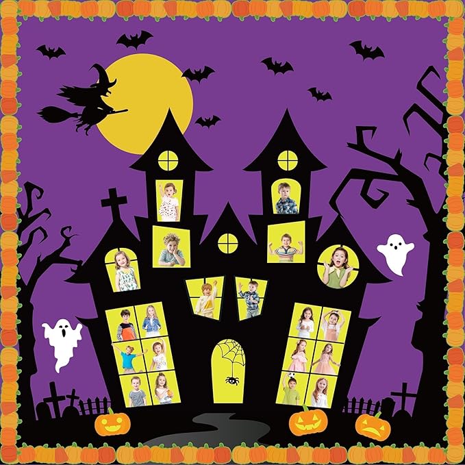 Halloween Classroom Bulletin Board Decoration Set Halloween DIY Photo Craft Castle Pumpkin Witch Bat Moon Paper Cutouts for School Offices Classroom Chalkboard Wall Holiday Decor Supplies