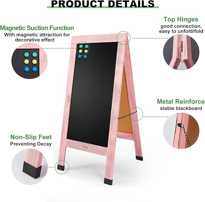 Large Sandwich A-Frame Chalkboard Sign - 40 x 20 Inches Pink Magnetic Wooden Chalk Board for Sidewalk, Stand up Double-Sided Outdoor Easel Display for Restaurant Cafe Shop Wedding Party or Business