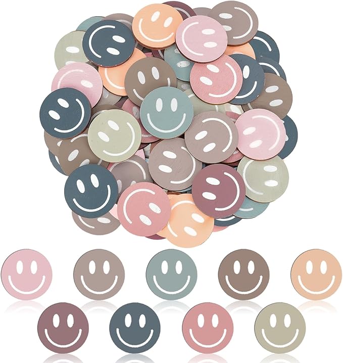 JarThenaAMCS 45 Pcs Boho Smile Extra Tokens for Reward Jar Colorful Happy Face Wooden Cutouts with Linen Pocket 9 Colors Wooden Tokens for Back to School Student Teacher Home Classroom