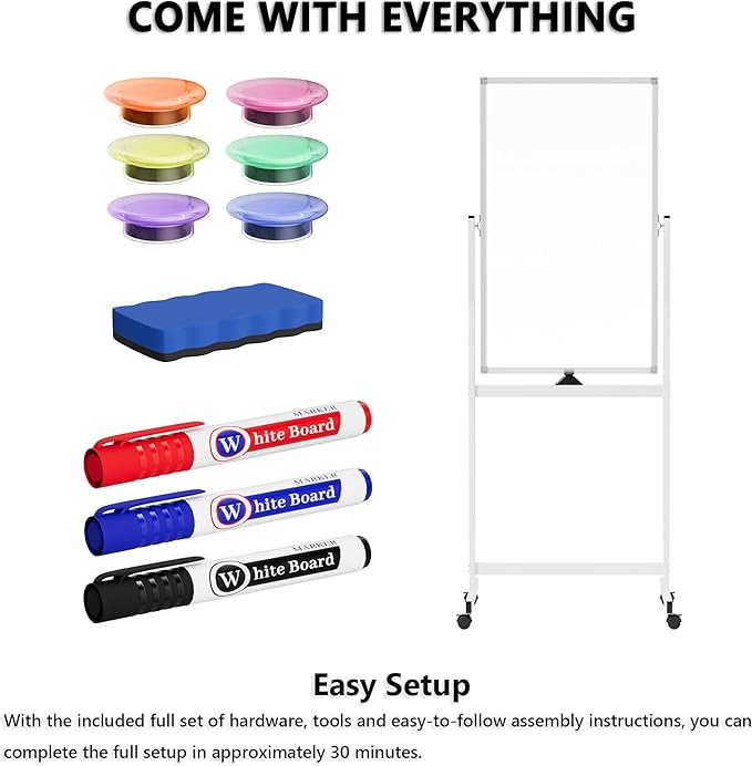 Large Rolling Whiteboard on Wheels, 40" x 24" Double-Sided Mobile White Board with Stand, Portable Standing Magnetic Dry Erase Board Easel for Home Office Classroom School, Silver