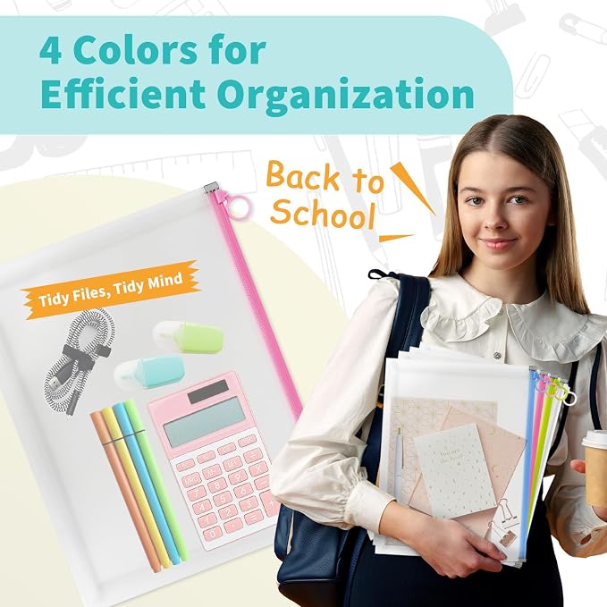 Binditek 5 Pack Clear Plastic Zip Envelopes, Heavy Duty, 9 x 12 Inch Expanding File Pouches, Multicolor Document Holders for Office and School Use
