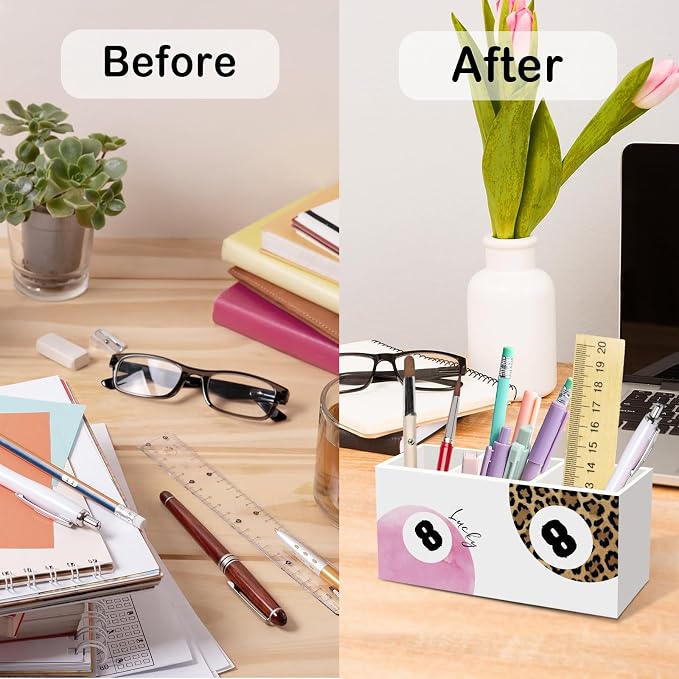 Preppy Funky Lucky 8 Ball Pen Pencil Holder for Desk, Preppy Office Desk Accessories, Trendy Pink and Leopard Print Ball Pen Holders Organizer for Girls Classroom Bathroom Makeup Brush