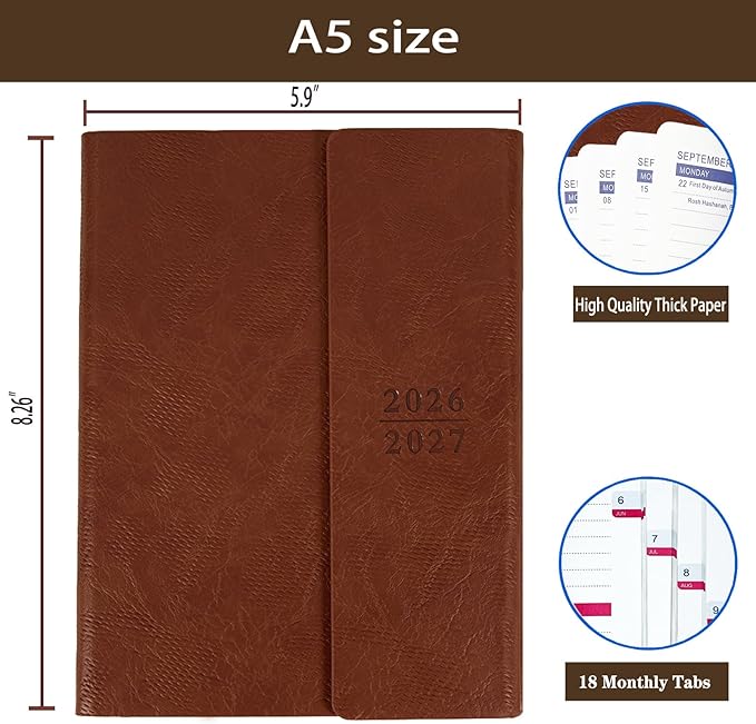 Planner 2026-2027, Weekly Monthly Academic Calendar for Jul 2026 - Dec 2027 [18 Month Agenda], 8.26" x 5.9" Faux Leather Cover + Thick Paper (26-27 Brown)