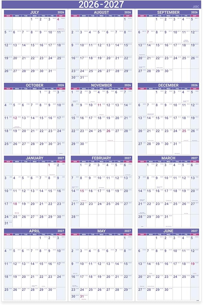 2026-2027 Yearly Wall Calendar - Calendar 2026-2027, July 2026 - June 2027, Large Wall Calendar 26-27, 34.8" x 22.8"(Open), Full Year Calendar Large, One Page Vertical with Round Stickers - Purple