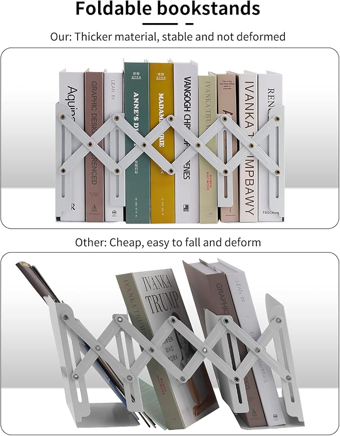 MSDADA Adjustable Bookends, Book Ends for Heavy Books, Expandable Book Organizer for Desk, Shelf, Office, School, for 6 7 8 9 10 11-15 Boys and Girls, Extends up to 19 inches (White)