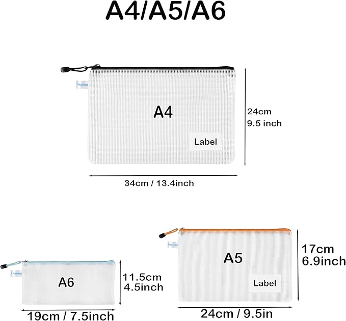 12-Pack 3-Size Mix Mesh Zipper Pouches, Semi‑Clear Letter size/A5/A6 Zip-lock bag with Label Pocket for Documents, School Supplies, Travel and Home Organization