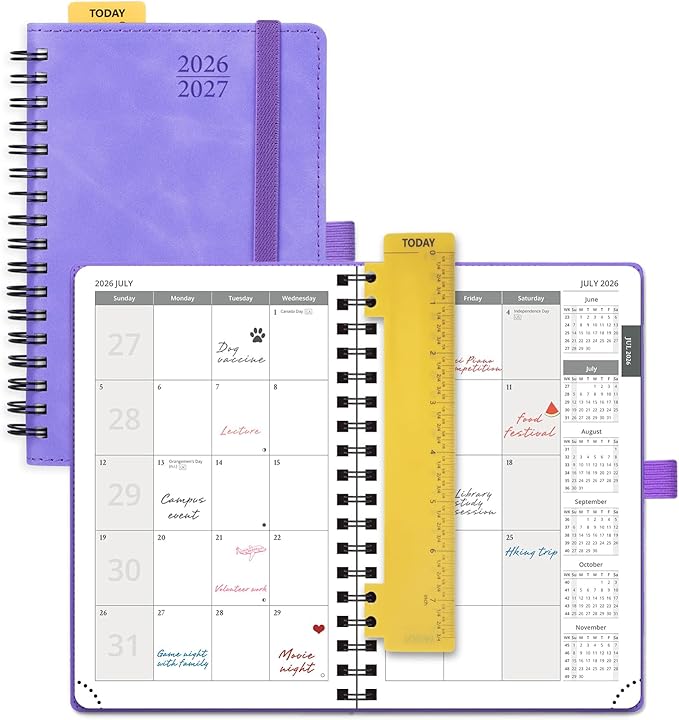 POPRUN 2026-2027 Monthly Planner, Small 4" x 6.25", 18 Month Calendar Agenda (July 2026 - December 2027) with Expense Tracker, Notes Pages, Sprial Bound, Leather Softcover - Lilac
