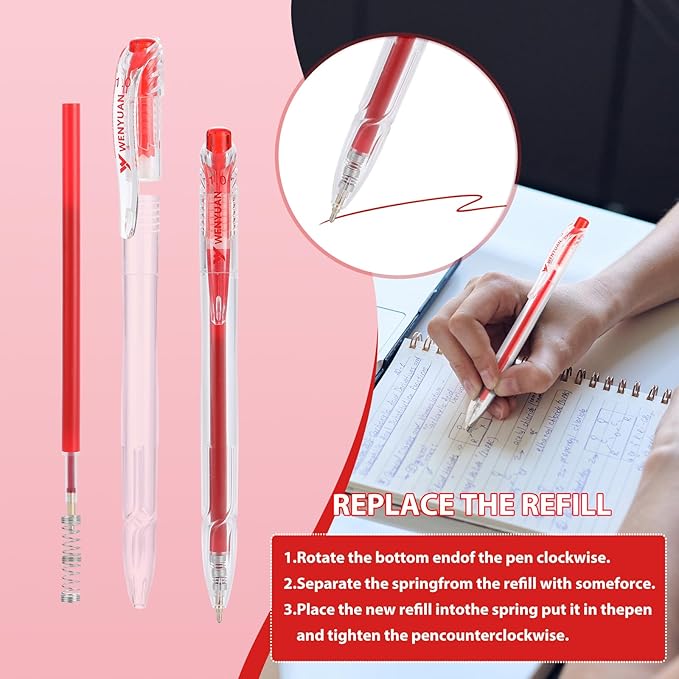 WY WENYUAN 12 Pcs Red Gel Pens, 1.0mm Bold Point Quick Drying Gel Ink Pens, Retractable Ballpoint Pens for Smooth Writing, Ideal for School, Office, Journaling, Note Taking and Correction
