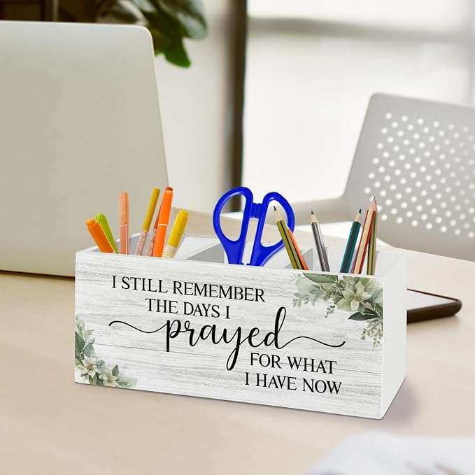 Inspirational Christian Pen Pencil Holder Organizer for Desk Accessories, Bible Verse Religious Wooden Box Sign Desk Decor for Home Office Decoration, Inspirational Christian Gifts for Women