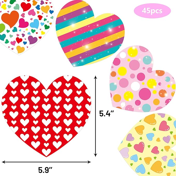 Fancy Land Heart Cutouts Colorful Valentine's Day Cutouts for School Bulletin Board Classroom Decoration 45Pcs