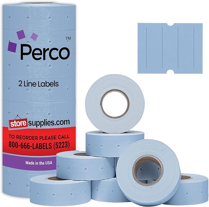 Perco 2 Line Blue Labels - 8 Rolls, 1 Sleeve, 6,000 Blank Price and Date Gun Labels for Perco 2 Line Price and Date Guns - Made in USA