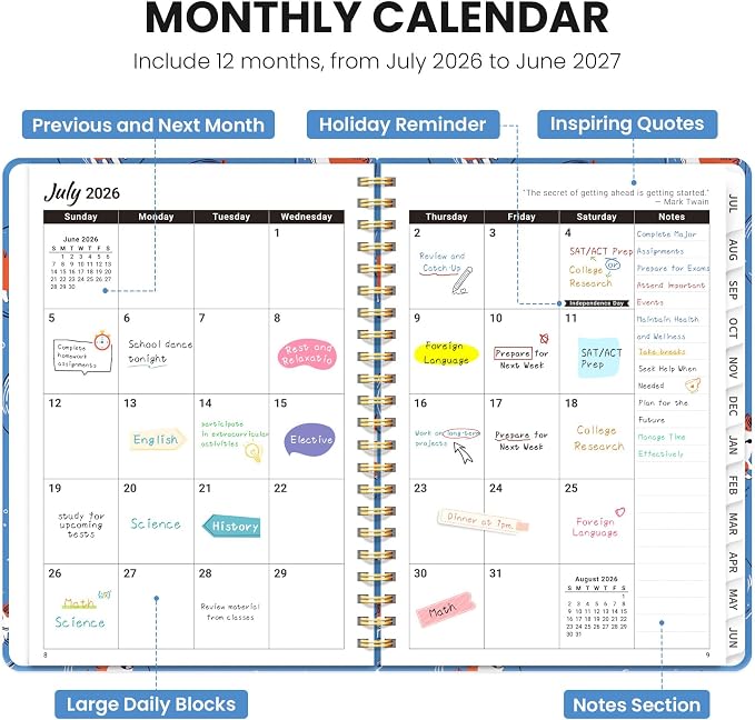 Planner 2026-2027, Monthly and Weekly Calendar Academic Planner July 2026 - June 2027, Hardcover Student Teacher Planning Agenda Book with Tabs, Perfect for Office School Supplies, A5 (6.3" x 8.5") - Cosmic Pups