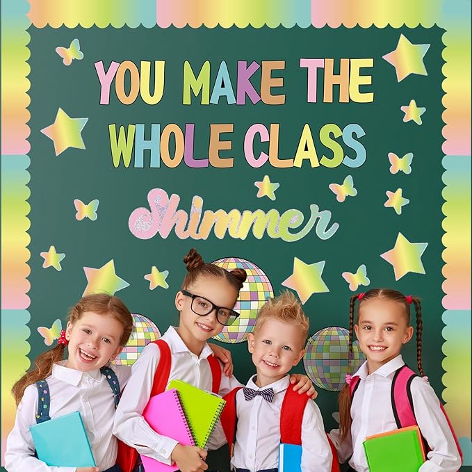Mooliwe 63 Pcs Disco Ball Classroom Bulletin Board Decoration Set You Make the Whole Class Shimmer Bulletin Board Classroom Door Decor for Chalkboard Blackboard School Wall Decorations