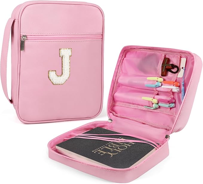 Bible Covers for Girls, Fruobeyla Pink Bible Cases for Woman PU Leather Bibles Carrying Case for Women, Large Bibles Tote Bags with Handle and Zippered Pocket for Kids, Pink (Letter J)