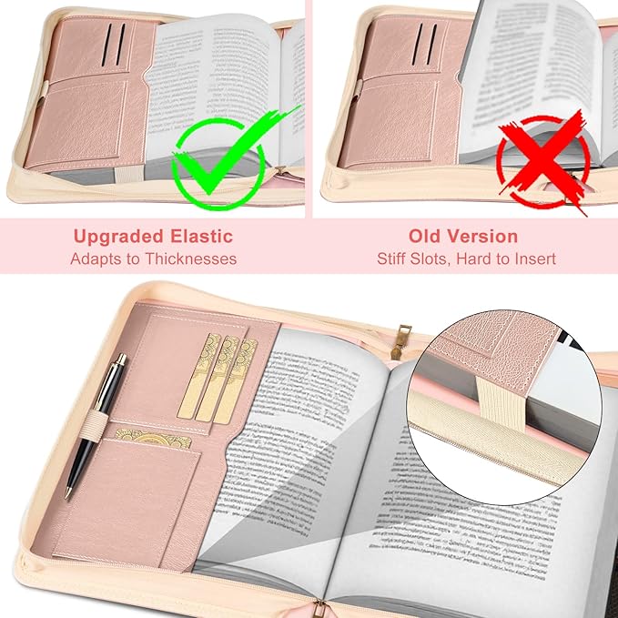 Large Bible Cover Case for Men Women, Mens Bible Covers Cases Leather Bible Cover Carrying Case for Women Men with Handle Zippered Bible Book Cover Holder Bag Case(Rose Gold, L)