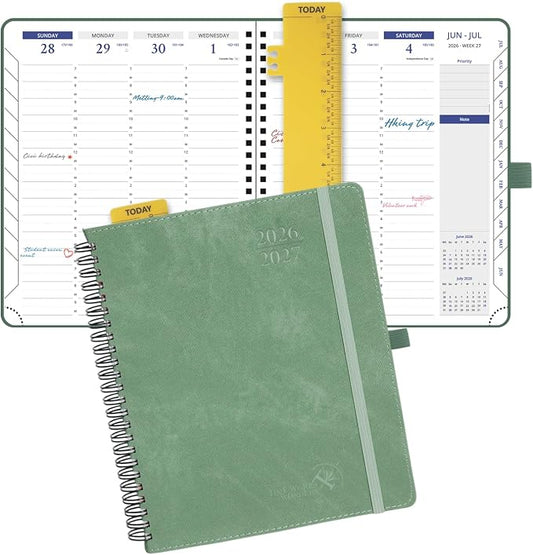 POPRUN 2026-2027 Weekly Planner, 7" x 8.5", July 2026 to June 2027, Academic Calendar with Vertical Layout, Wire Bound, Hourly Time Slots, Leather Softcover, Monthly Tabs - Midnight Green