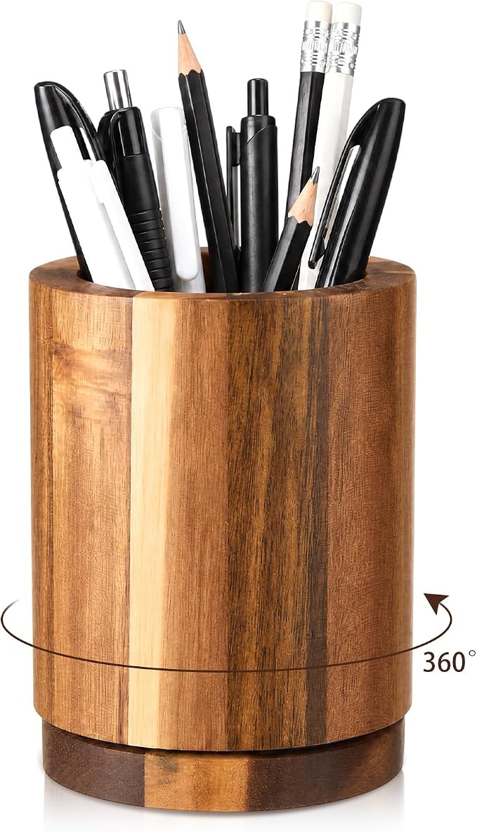 360° Rotating Pen & Pencil Holders Accessories Acacia Wood Desktop Pencil Holder Containers Farmhouse Stationery Organizer Stand for Office Table Desk Accessory