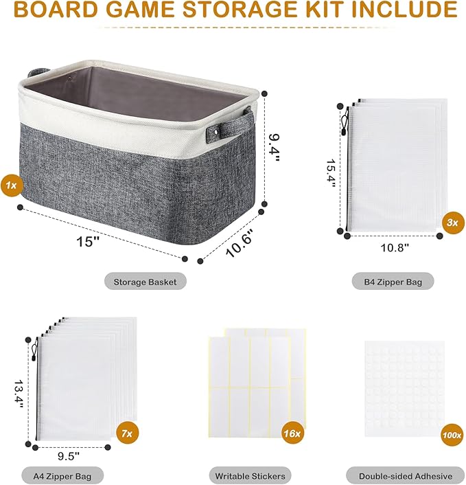 Lukeline Board Game Storage Kit Include 2 Storage Basket and 20pcs Zipper Bags, Board Game Organizer with Writable Stickers and Dispensing, Suitable for Puzzle Storage, Toys, Building Blocks, Document