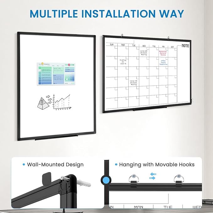 WALGLASS Dry Erase Calendar Whiteboard, 48" x 36" Monthly Large Dry Erase Calendar for Wall, Double-Sided Hanging White Board with Black Aluminum Frame for Home, School, Office, Kitchen