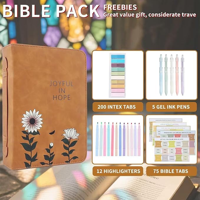 Leather Bible Cover Case with Durable Handle Quilted, Bible Journaling Kit, Bible Study Supplies & Christian Gift for Women and Teens