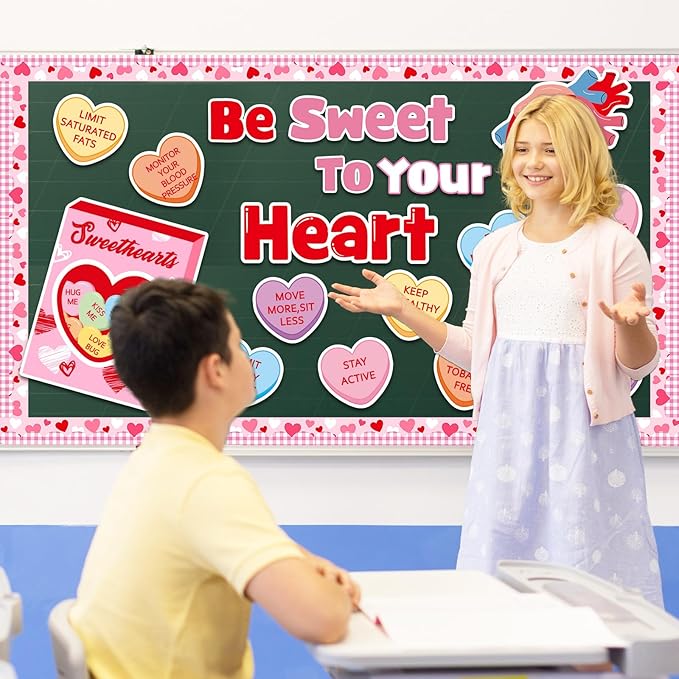 JarThenaAMCS Valentine' s Day Health Habits Bulletin Board Set Conversation Heart Paper Cutouts Be Sweet to Your Heart Classroom Decorations for School Home Wall Door Decor Valentines Party Supplies
