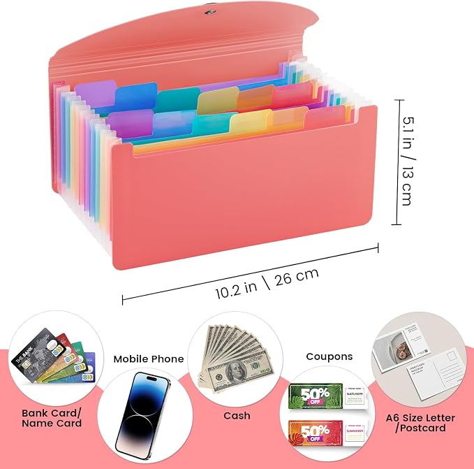 13 Pocket A6 Receipt Organizer, 2 Pack Small Accordion File Organizer, Coupon Organizer with Labels - Pink