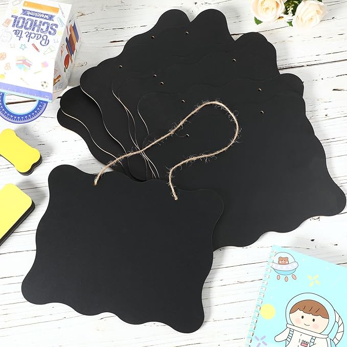 Qilery 12 Pieces 8 x 10 Inch Double Sided Hanging Chalkboard Signs Back to School Bulk Hanging Signs Message Board Black Wooden Chalkboard for Kitchen Wedding Party Decorations (Classic)