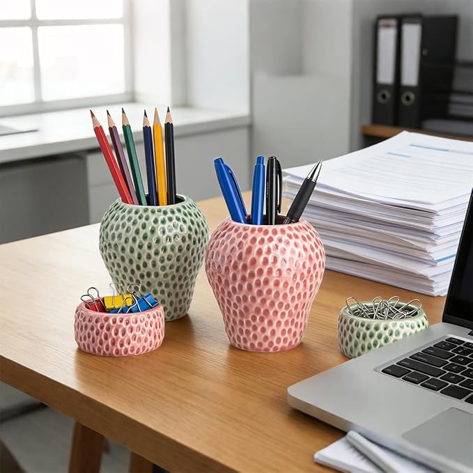 Ceramic Paper Clip Holder, Strawberry Pen Holder Set, Cute Pen Holder for Desk Storage Set of 2, Office, School, Home Decor(Green)