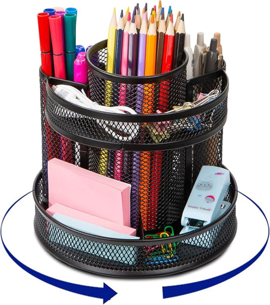 Comix 360° Rotating Pen Holder for Desk, 9 Compartments Office Desk Organizer, Black Mesh Metal Pencil Holder Cup for Office Home School