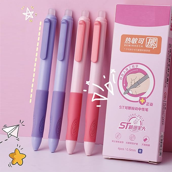 MOZXIRZ 4 Pcs Erasable Gel Ink Pens Cute Retractable Erasable Pens 0.5mm Black Ink Pen Office School Pens Cute Aesthetic Pens Women Girls Pens Boys Men Pens (Style 2-Black Ink)