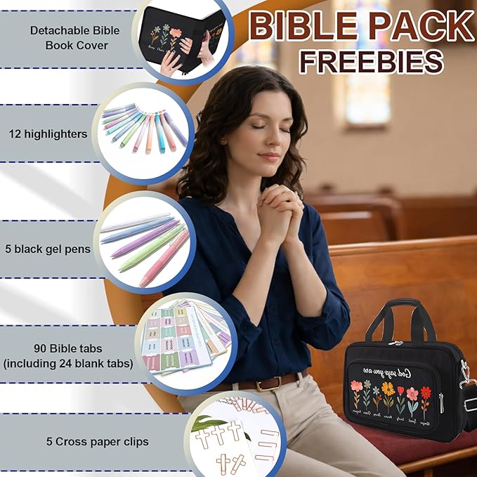 Large Bible Bags for Women Organizer with Bible Cover Case, Bible Cover Study Supplies Bible Journaling Kit Book Carrying Case with Bible Highlighters Tabs, Christian Gift for Women Mom