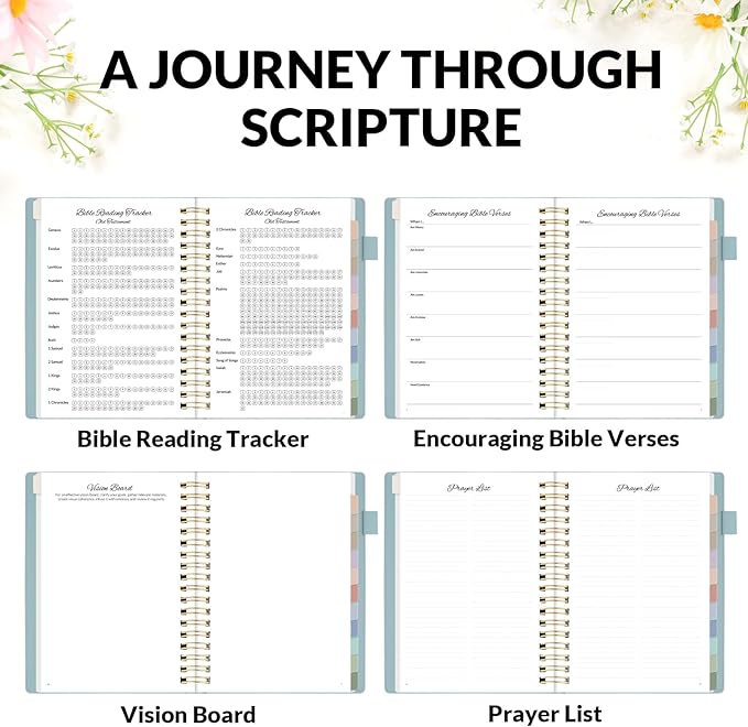 SUNEE Christian Planner - Undated 12 Month Bible Journal and Prayer Planner A5 Spiral Bound, Monthly & Weekly Christian Organizer Gifts for Women Men (Grey Blue)