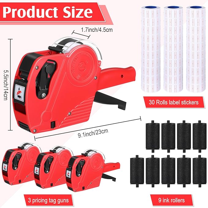 Dunzoom 3 Pack 8 Digits Price Tag Gun Label Pricing Gun Kit with 12000 Labels & 9 Ink Rollers for Retailer Supermarket Grocery Store Food(Red)