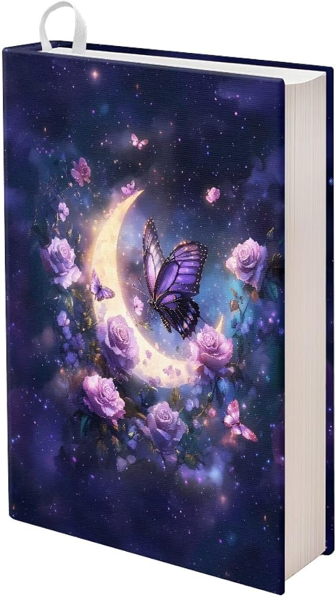 Dreaweet Moon Rose Butterfly Book Sleeve Book Protector,Book Covers for Paperbacks Textbook Hardcover up to 9 x 11 Inches,Washable Fabric,Book Sleeves for Women Book Lover