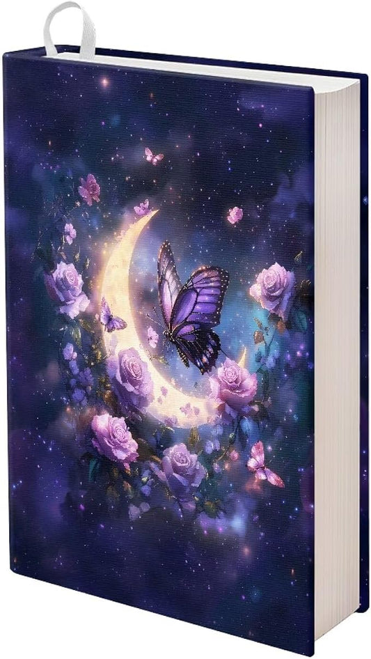 Dreaweet Moon Rose Butterfly Book Sleeve Book Protector,Book Covers for Paperbacks Textbook Hardcover up to 9 x 11 Inches,Washable Fabric,Book Sleeves for Women Book Lover