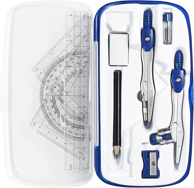 Vobou Math Geometry Kit Sets 10 Piece Student Supplies with Shatterproof Storage Box,Includes Rulers,Protractor,Compass,Eraser,Pencil Sharpener,Lead Refills,Pencil,for Drafting（Navy Blue）