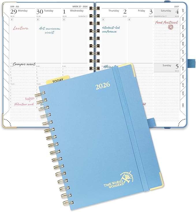POPRUN 2026 Planner Daily Weekly and Monthly Calendar with Hourly Schedule(Medium Size 8.5'' x 6.25'' Wire-Bound Hard Cover) - Agenda 2026 (Jan.2026-Dec.2026), Monthly Tabs - Haze Blue