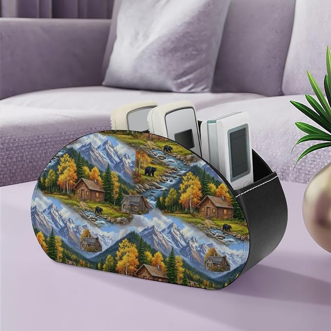 Remote Control Holder for Bedside and Desk, PU Leather 5-Compartment Organizer for TV Remotes and Accessories, Black Bears