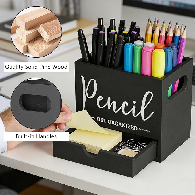 Pencil Holder with 1 Drawer, Multi-Functional Pen Holder for Desk, Desk Organizers and Accessories with 2 Compartments, Desktop Organizer for Office Home Art Supplies(Black)