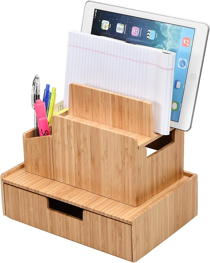 MobileVision Bamboo Office Organizer Complete Set INCLUDES: Charging Station, Pencil & Pen Holder w/Tray for Notepads, Drawer for Office Supplies & Stationary